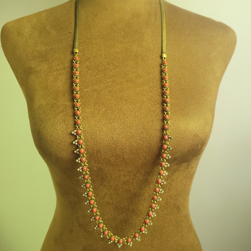Vintage Ann Taylor Gold Tone Faux Coral Rhinestone Long Necklace OS Cottagecore